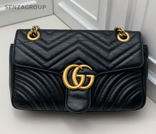 Gucci Marmont26 Chain Shoulder Bag Crossbody Black Gold Used Women Classic
