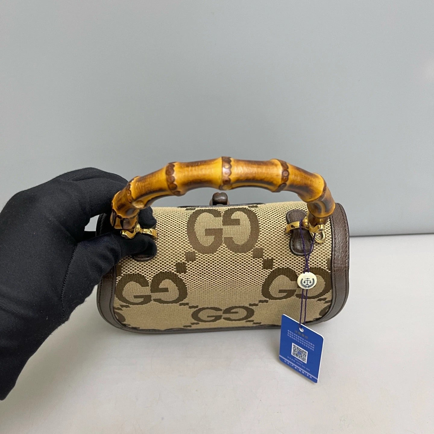 Authentic Gucci Bamboo Canvas Top Handle Crossbody Bag Brown Gold Hardware