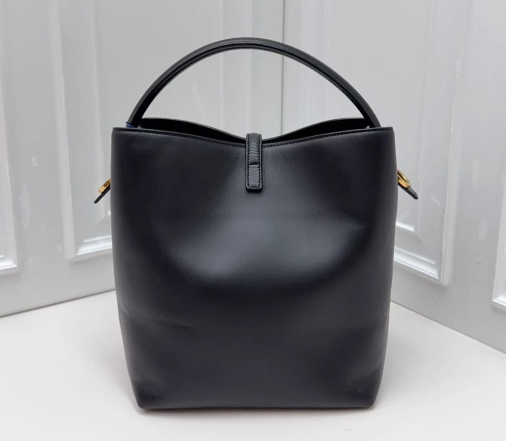 Excellent Saint Laurent LE37 Black Bucket Bag Handbag Crossbody Gold Hardware