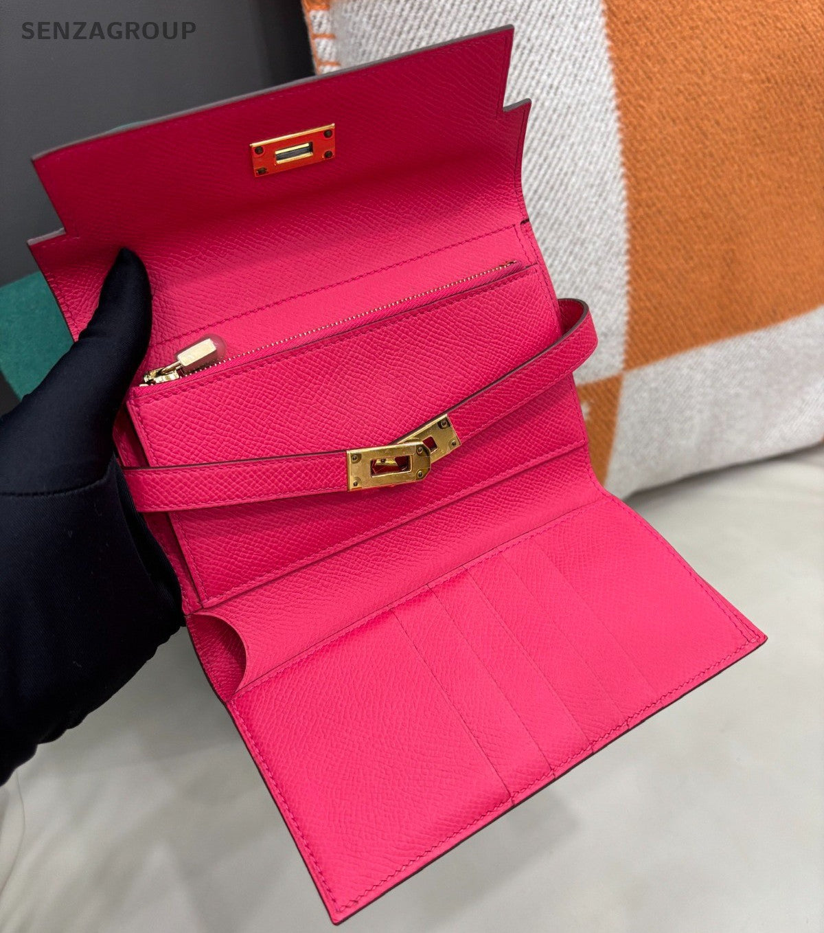 Hermes Kelly Epsom Leather Wallet Clutch Pink Gold Women Classic Fashion