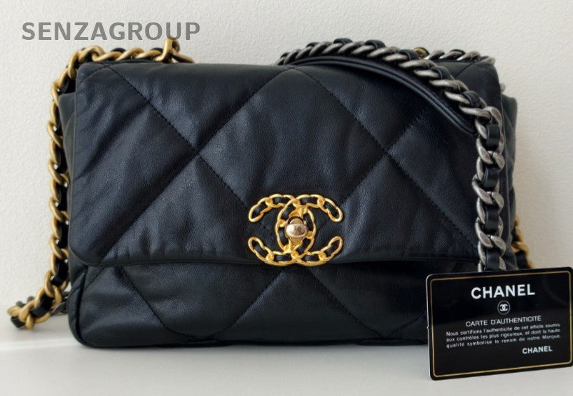 Chanel 19 PM Chain Shoulder Bag Black Gold Used Women Classic Diamond Pattern