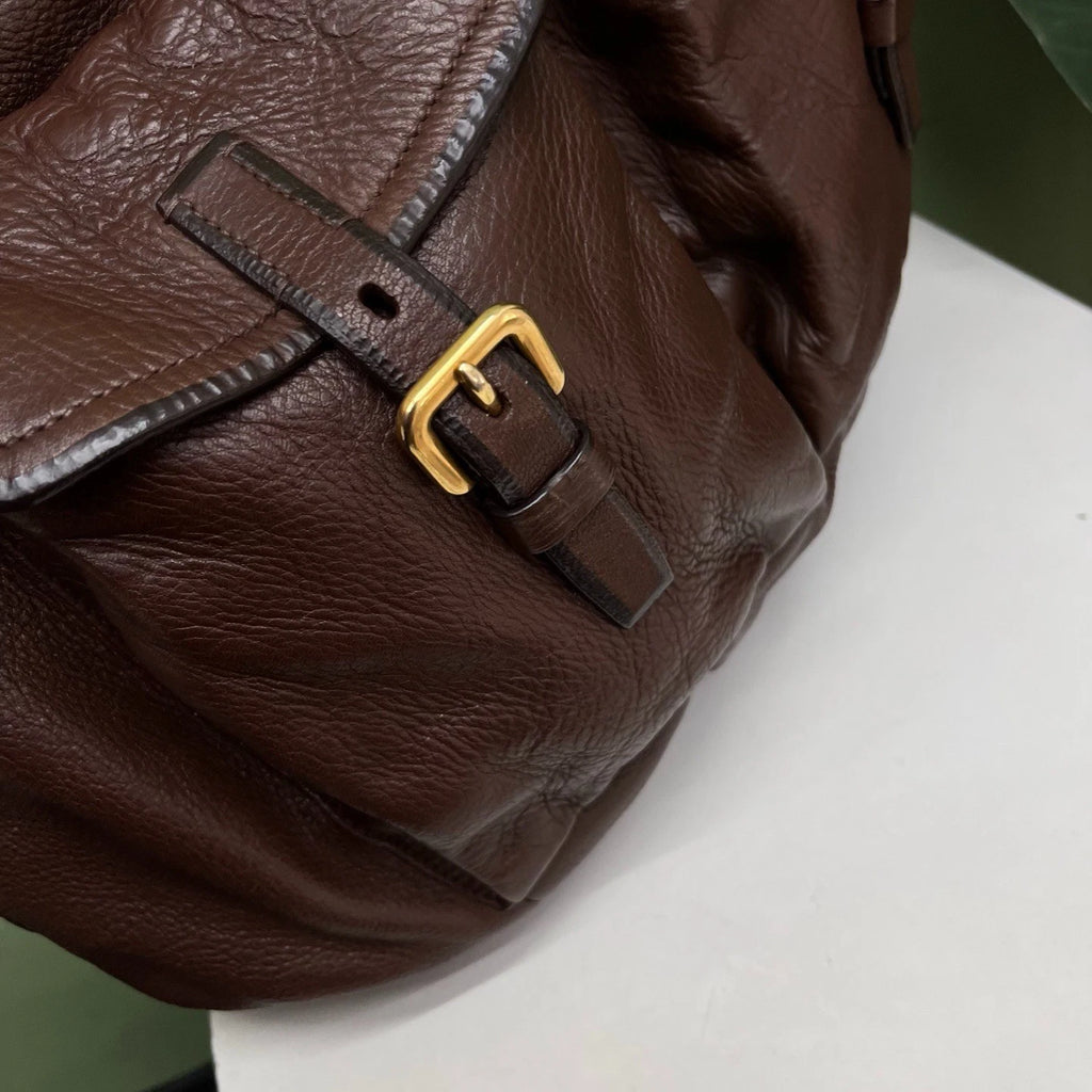 Prada Cervo Shine Hobo Tote Top Handle Bag Shoulder Bag Brown Women