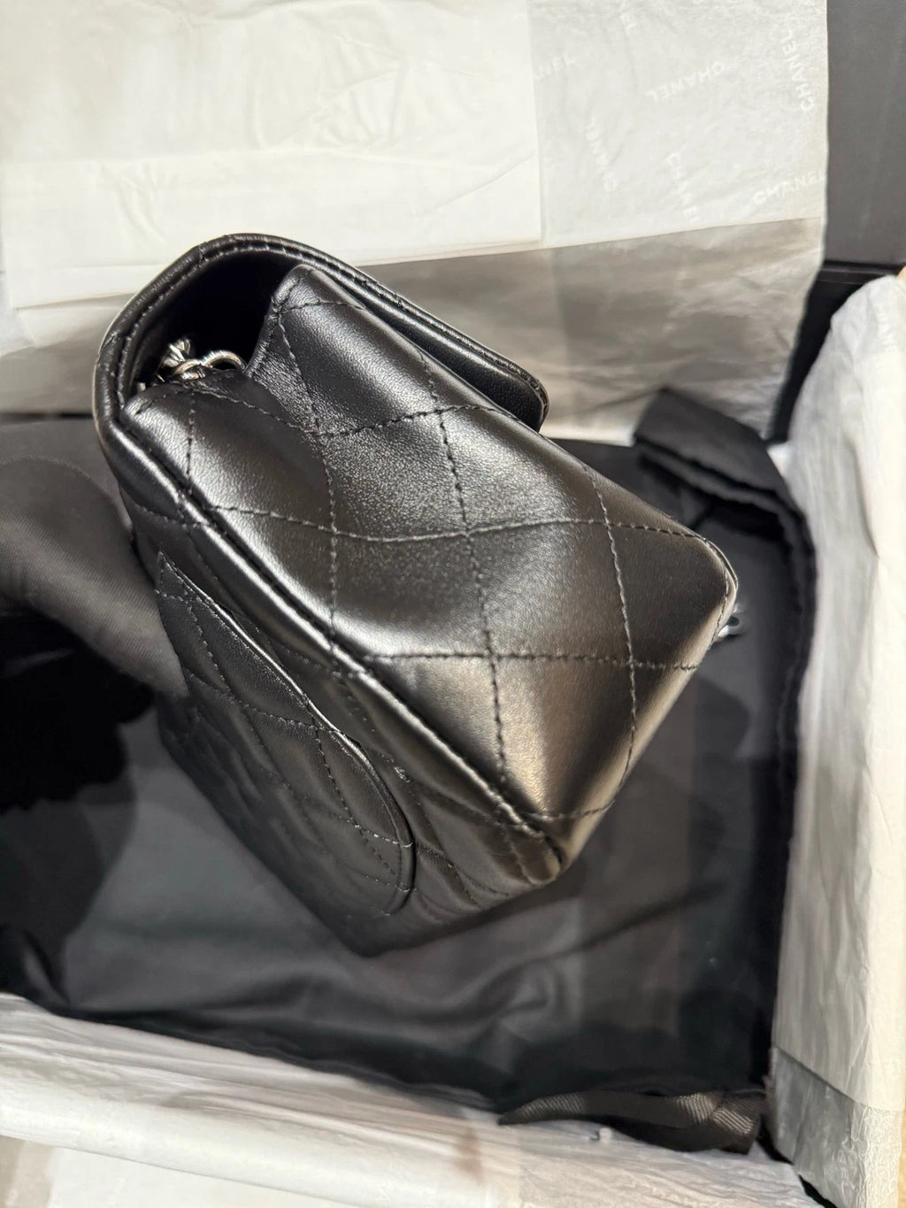 CHANEL Large Mini Lamskin Black Silver Crossbody Bag For Women