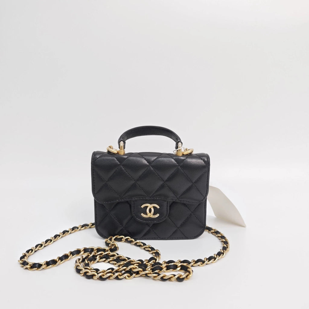 CHANEL Black Gold Lambskin Mini Top Handle Chain Bag For Women