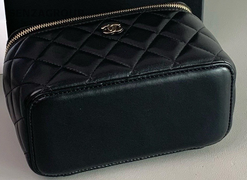 Chanel Quilted Lambskin Long Cosmetic Case Shoulder Crossbody Bag Black Women