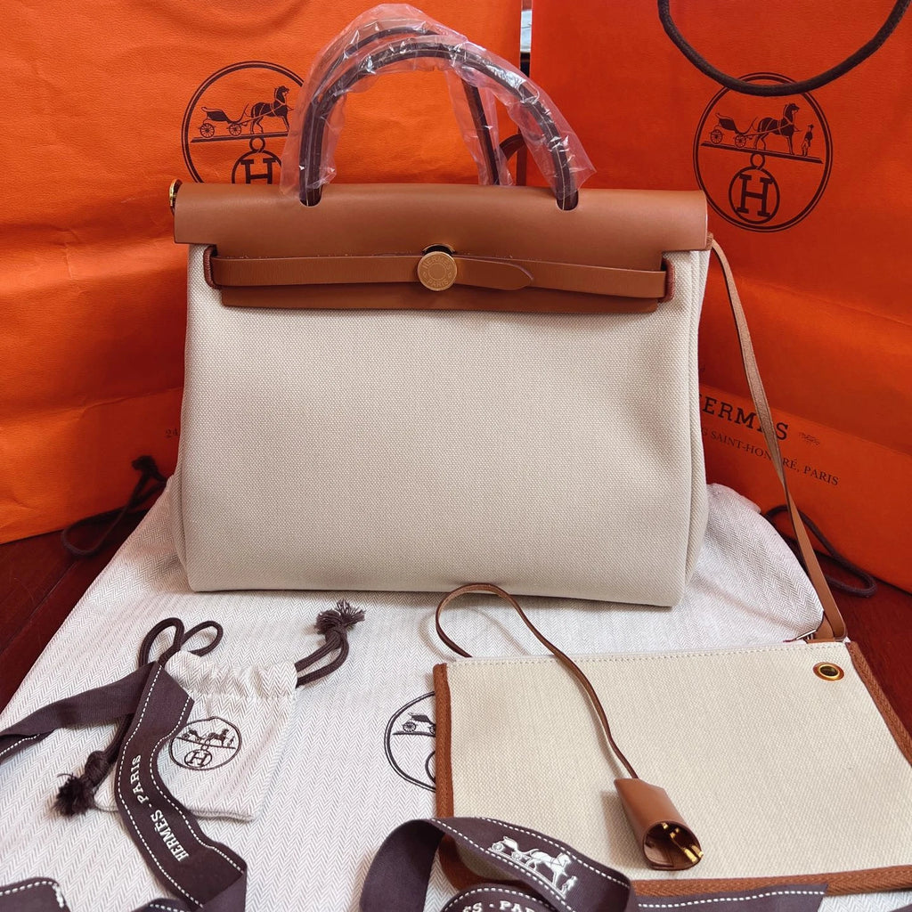 Hermes Herbag31 Top Handle Shoulder Crossbody White Brown Gold Women Classic