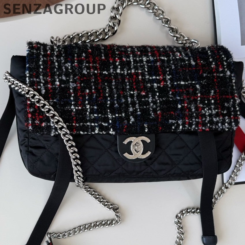 Chanel Nylon Chain Top Handle Shoulder Crossbody Black Silver Women Classic