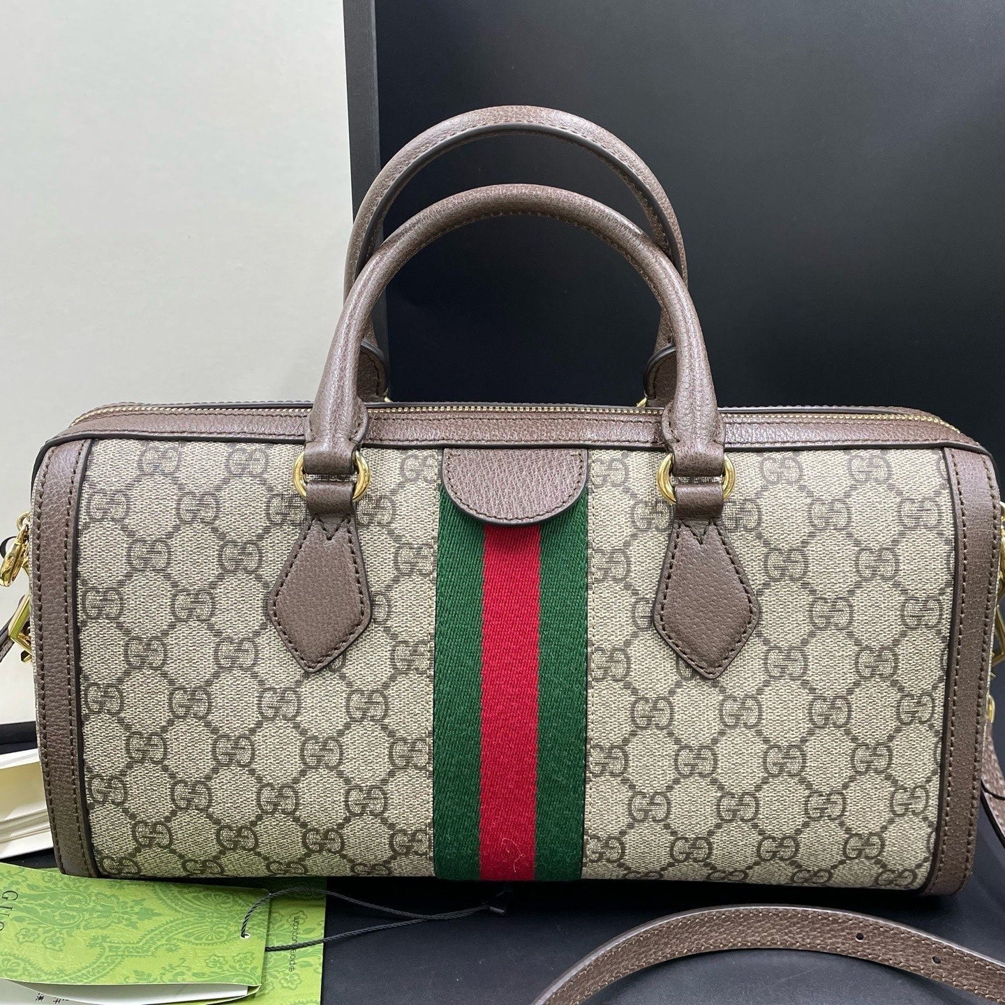 Gucci Boston Ophidia Top Handle Crossbody Brown Gold Used Women Classic
