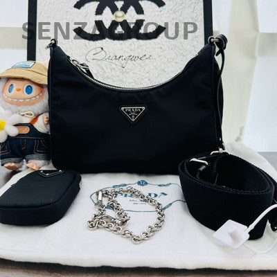 Prada Black Nylon Chain Shoulder Bag Silver Hardware Classic Women