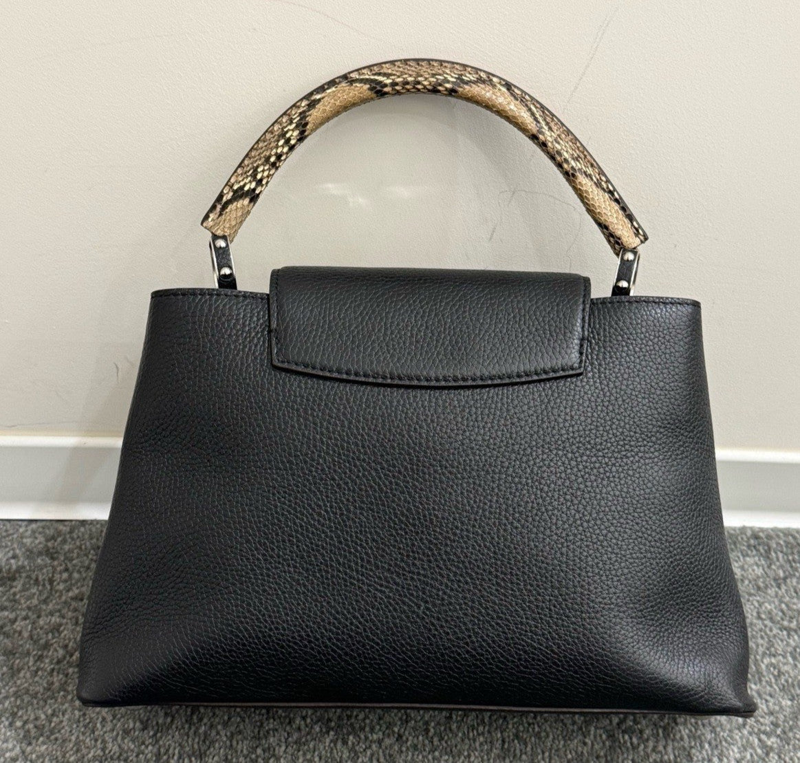 Louis Vuitton Capucines PM Calfskin Top Handle Crossbody Black Silver Women