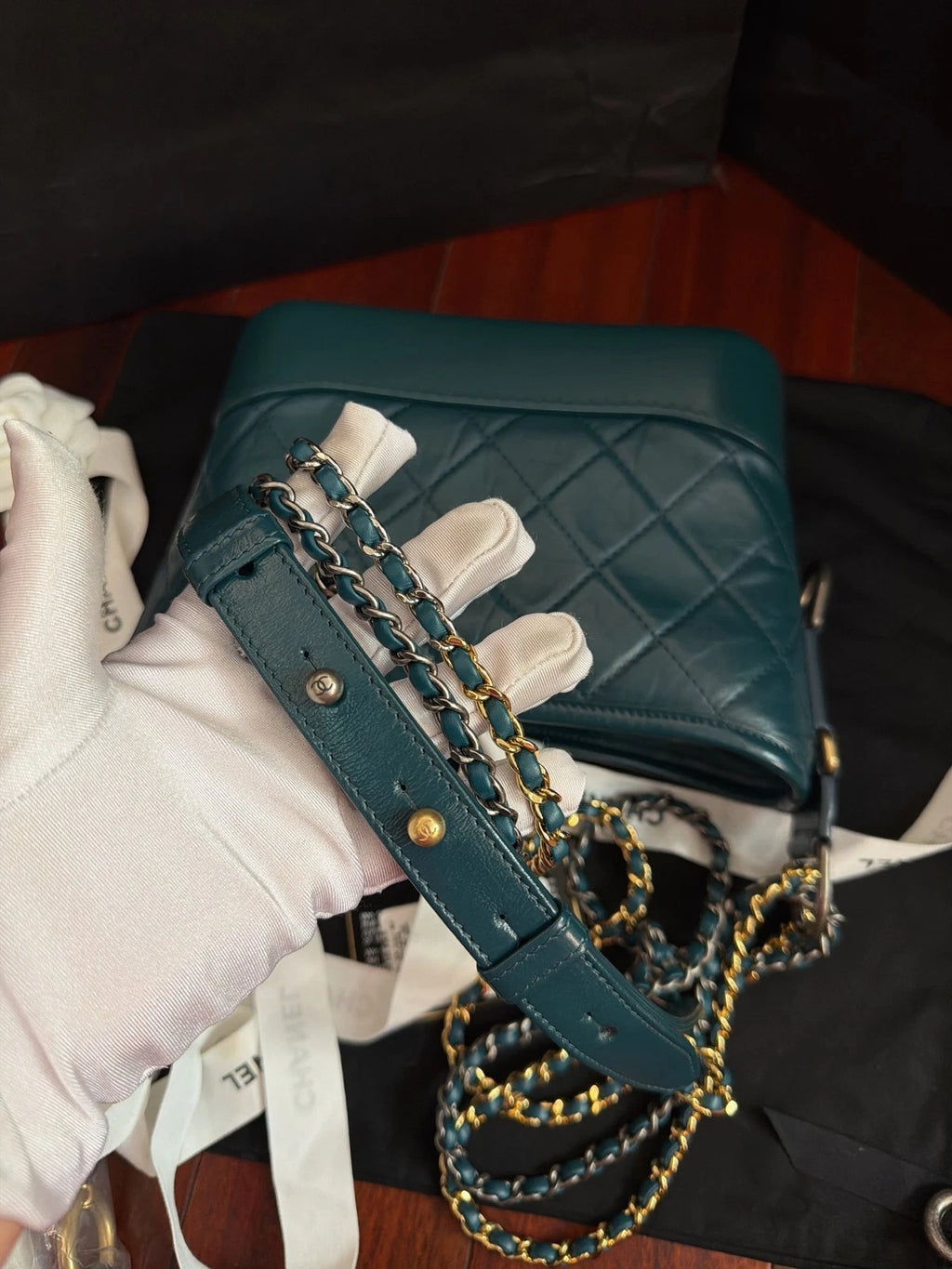 New Chanel Gabrielle PM Chain Blue Handbag Shoulder Bag Diamond Gold Hardware