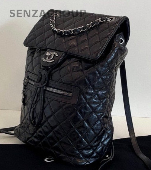Chanel Calfskin MM Backpack Black Silver Diamond Used Women Classic Designer