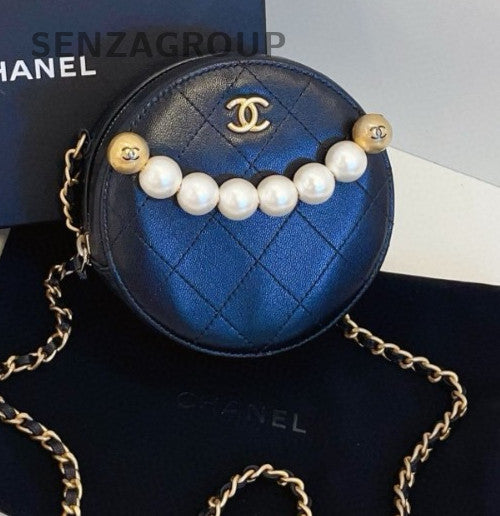 Chanel Pearl Round Bag Chain 2Way Shoulder Bag Black Gold Used Women Designer
