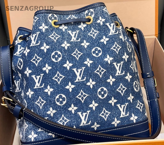 Louis Vuitton Noe Jacquard Denim Bucket Shoulder Bag Crossbody Blue Women