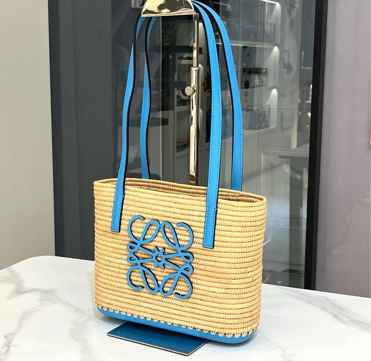 Loewe Mini Blue Straw Shoulder Bag For Women