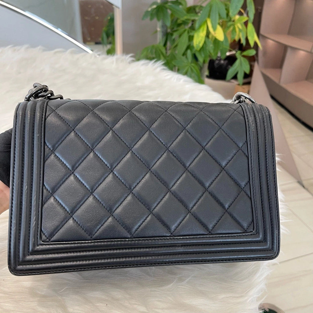 Chanel Le Boy Medium Chain Shoulder Bag Black Silver Classic Women's