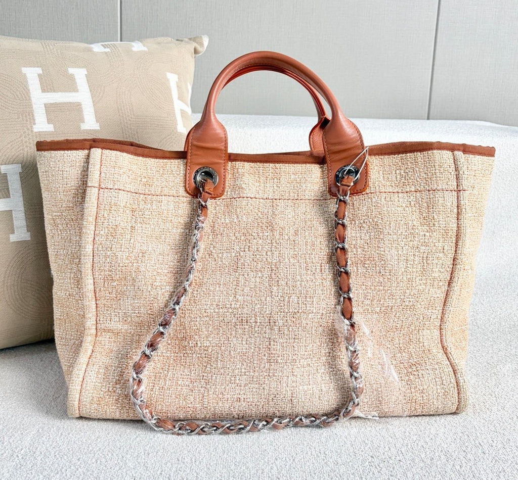 Chanel Canvas Beach Bag Top Handle Chain Shoulder Bag Orange Silver Women