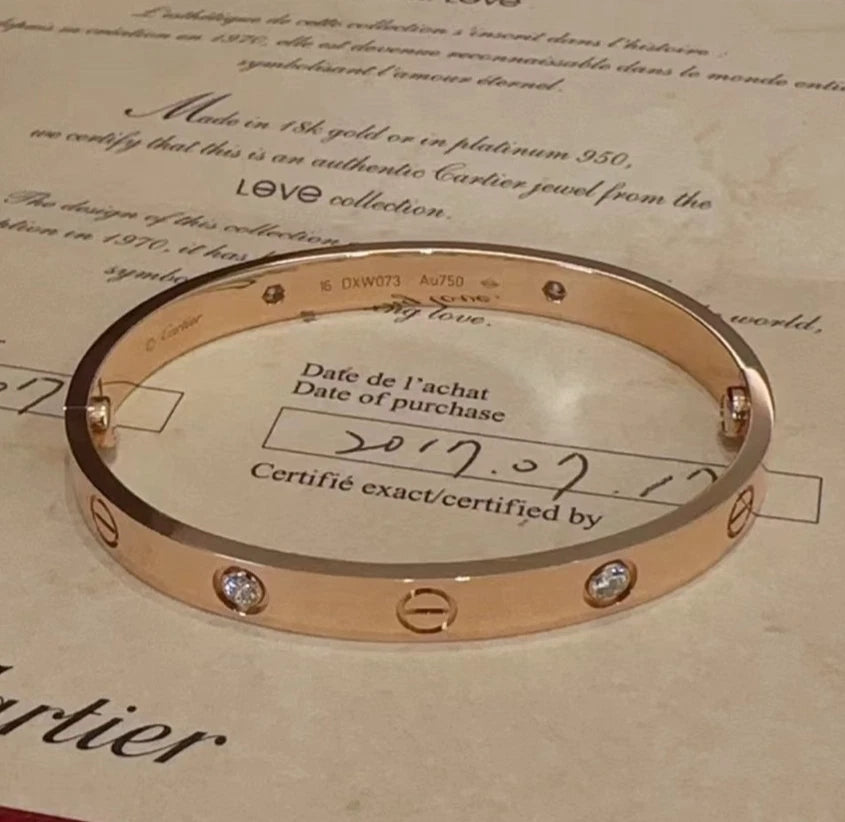 Cartier Love Classic Bracelet 18k Rose Gold 4Diamonds Double Screw Bangle Size16