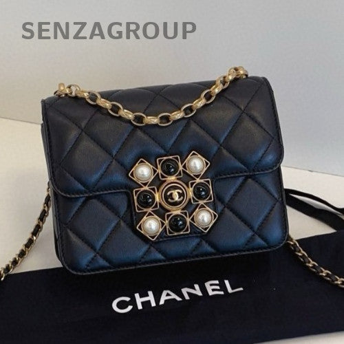 Chanel Calfskin Chain Shoulder Bag Black Gold Classic Women Diamond