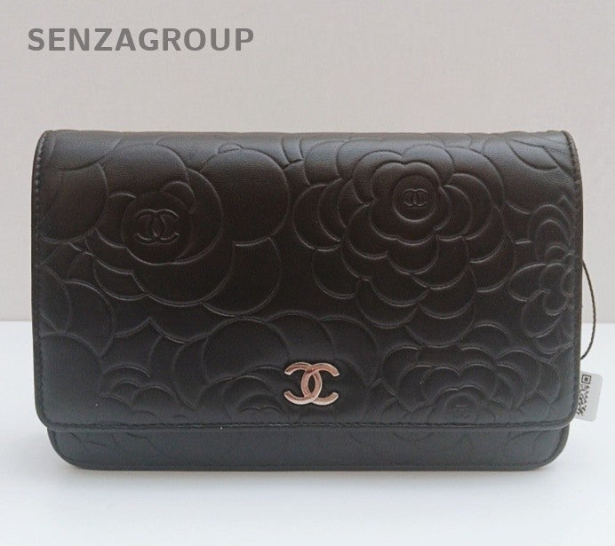 Chanel Camellia Series WOC Chain Shoulder Bag Crossbody Black Silver Women