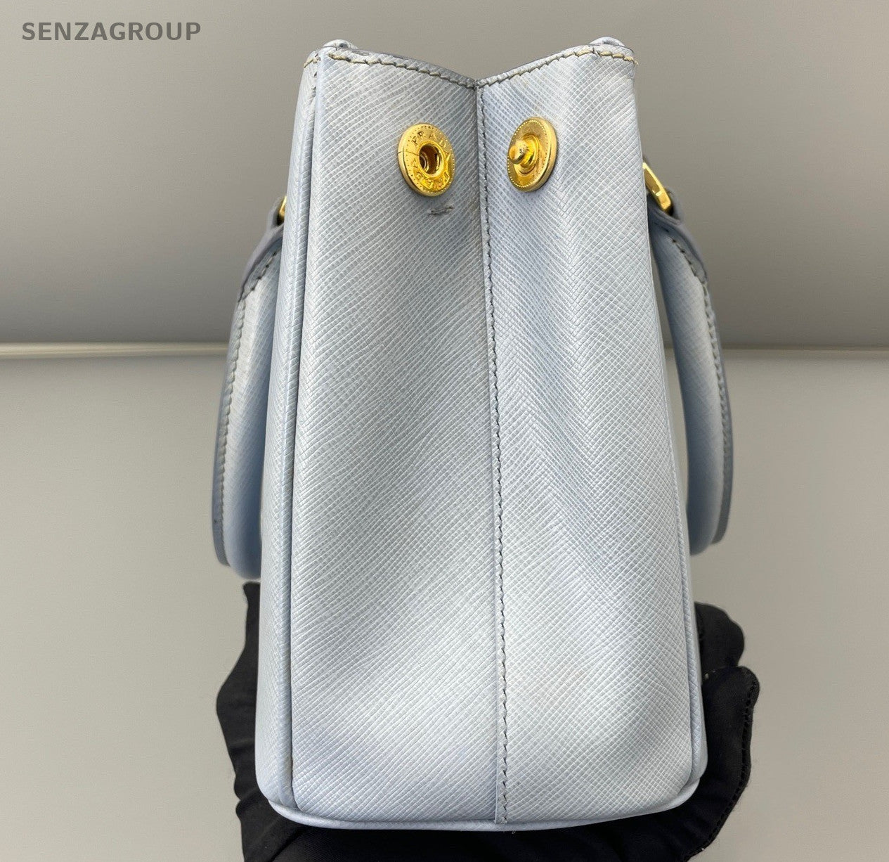 Prada Galleria PM Top Handle Bag Crossbody Blue Gold Women Classic