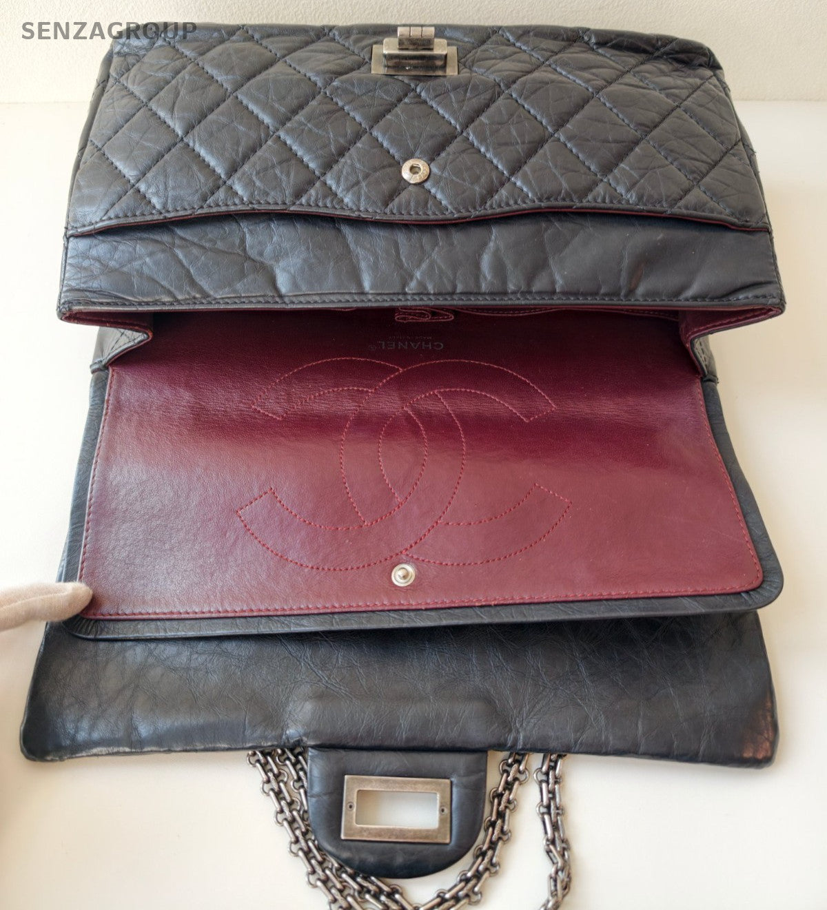 Chanel 2.55 Chain Calfskin Shoulder Bag Black Silver Women Classic Diamond