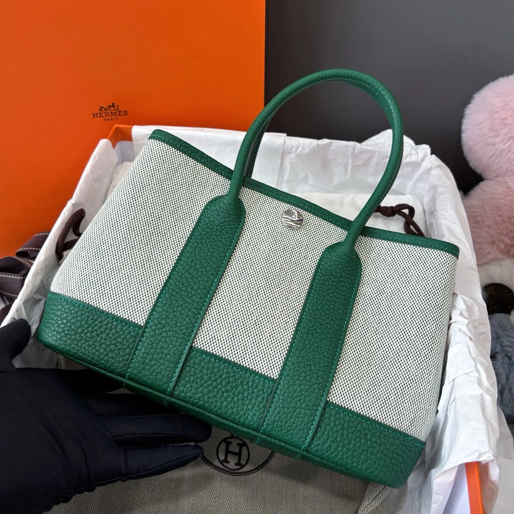 Hermes Garden Party Mini Top Handle Bag Green Silver Women Classic Designer