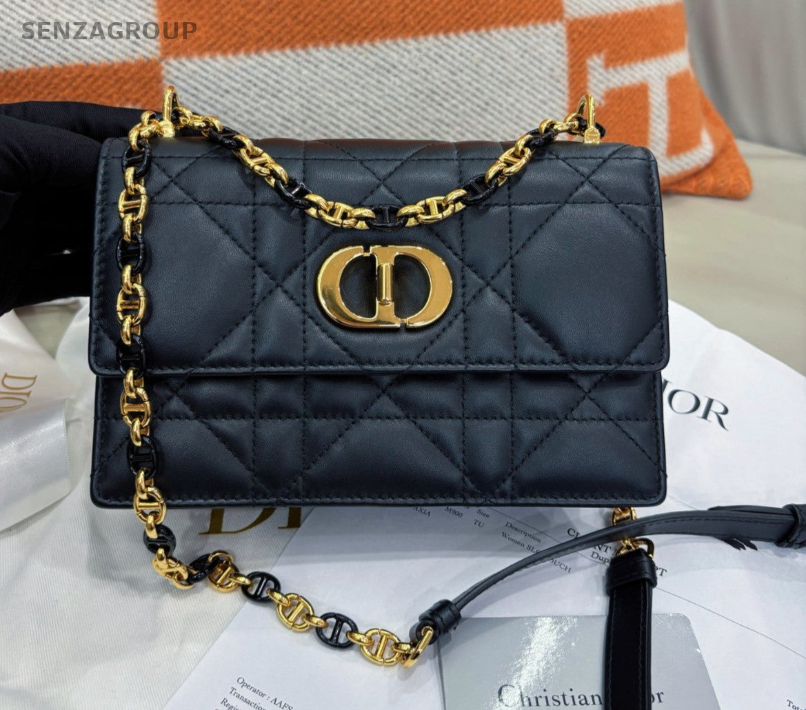 Christian Dior Caro Classic Logo Chain SHoulder bag Crossbody Black Gold Women