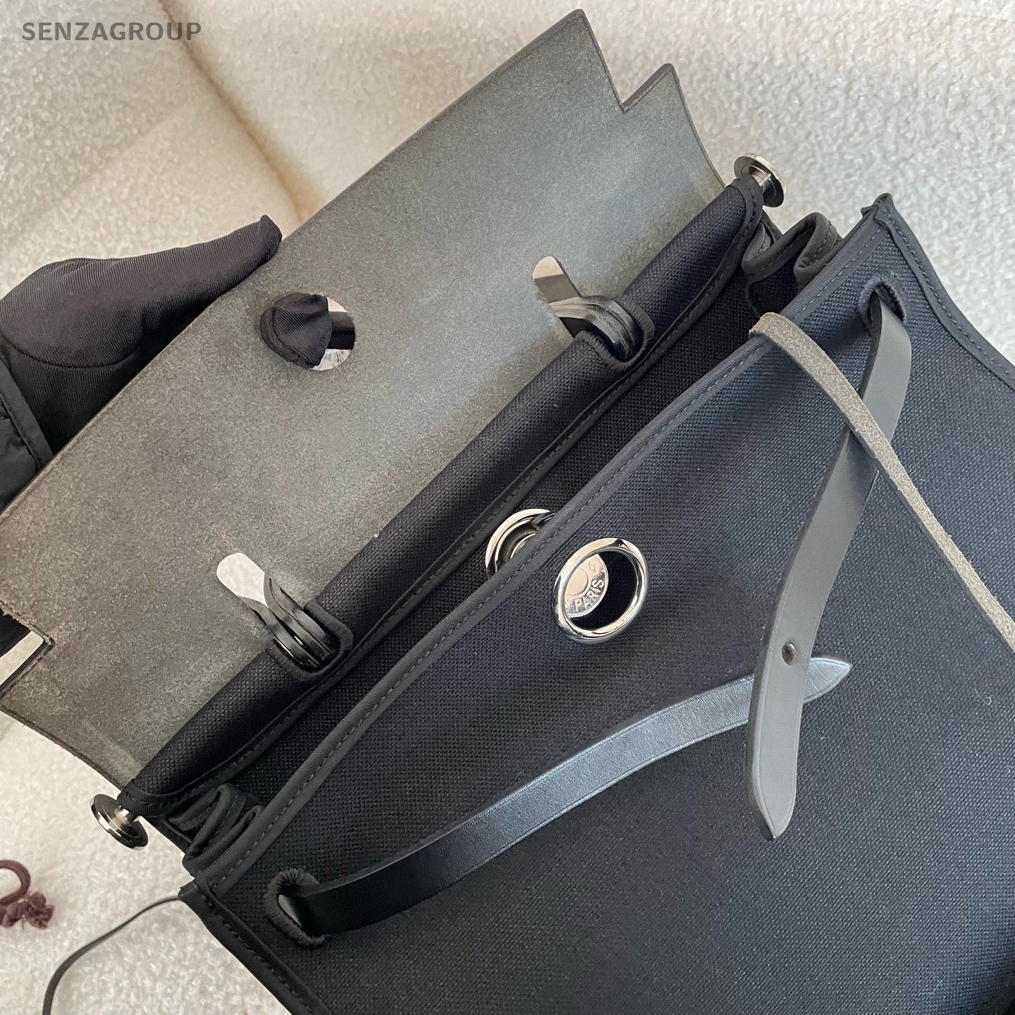 Hermes Herbag31 Canvas Top Handle Bag Crossbody Black Silver Women Classic
