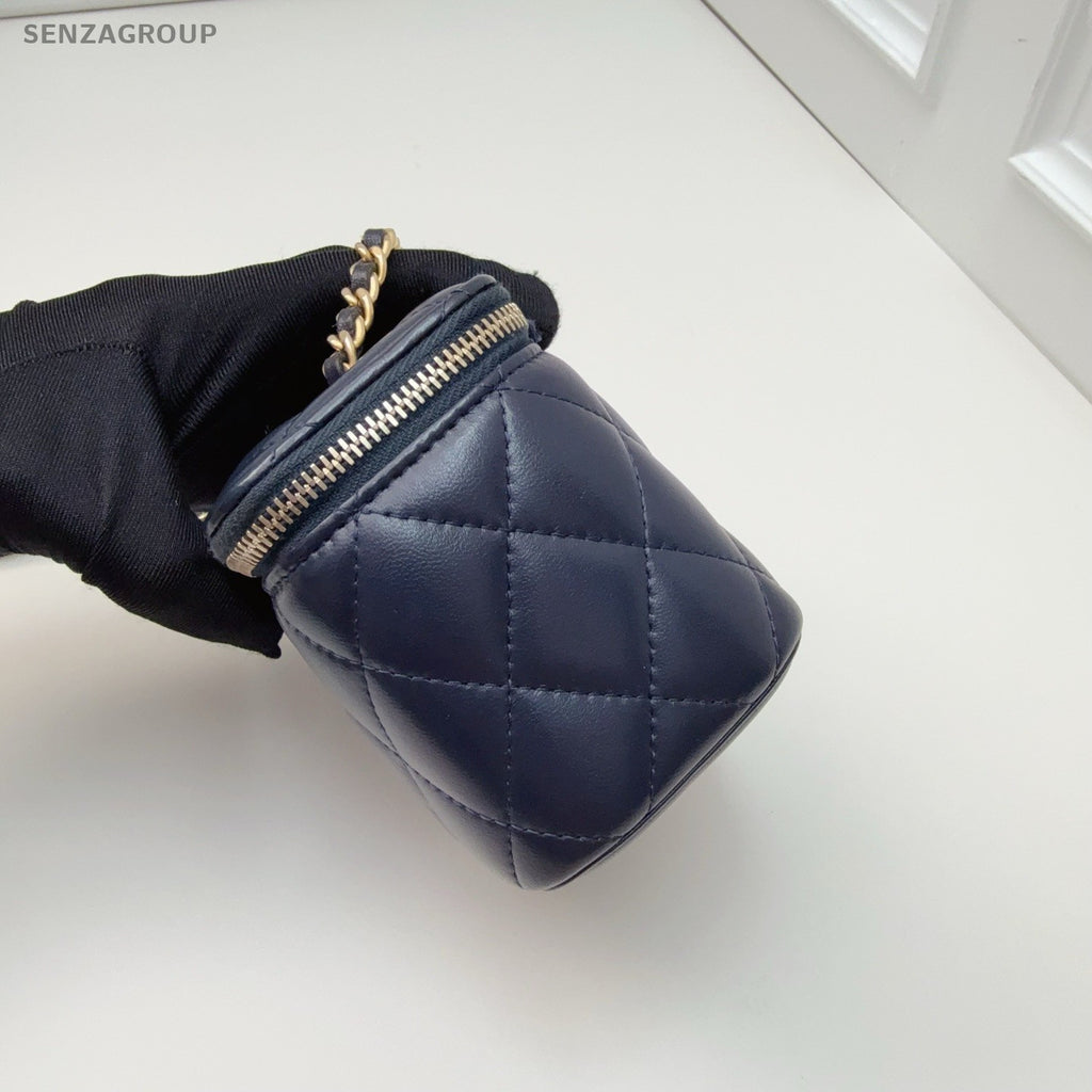 CHANEL Vanity Box mini Diamond Pattern Chain Shoulder bag Navy Blue Gold Women