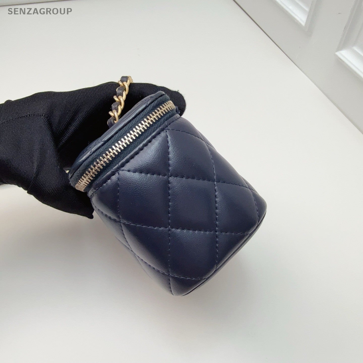 CHANEL Vanity Box mini Diamond Pattern Chain Shoulder bag Navy Blue Gold Women