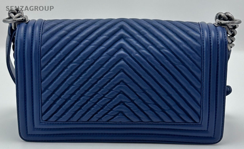 Chanel Leboy MM V Pattern Chain Shoulder Bag Crossbody Blue Silver Women Classic