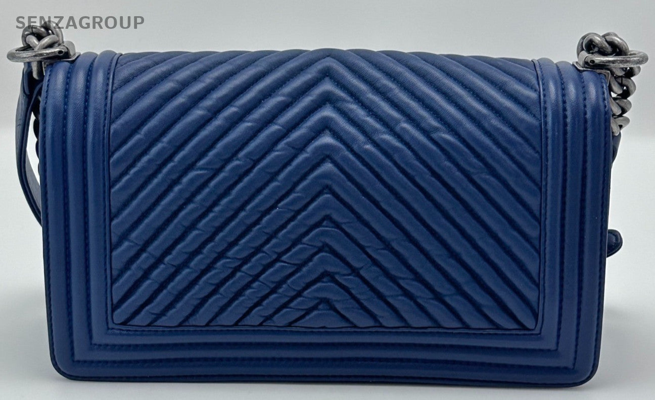 Chanel Leboy MM V Pattern Chain Shoulder Bag Crossbody Blue Silver Women Classic