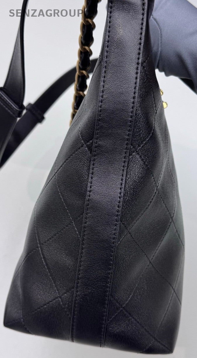 Chanel 25P Hobo Bucket Chain Shoulder Bag Black Gold Women Classic