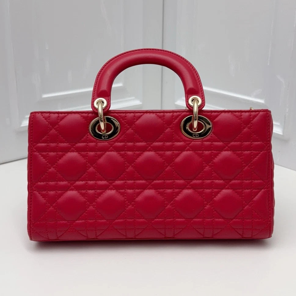 Christian Dior Lady Dior Cannage Top Handle Crossbody Red Gold Women Classic