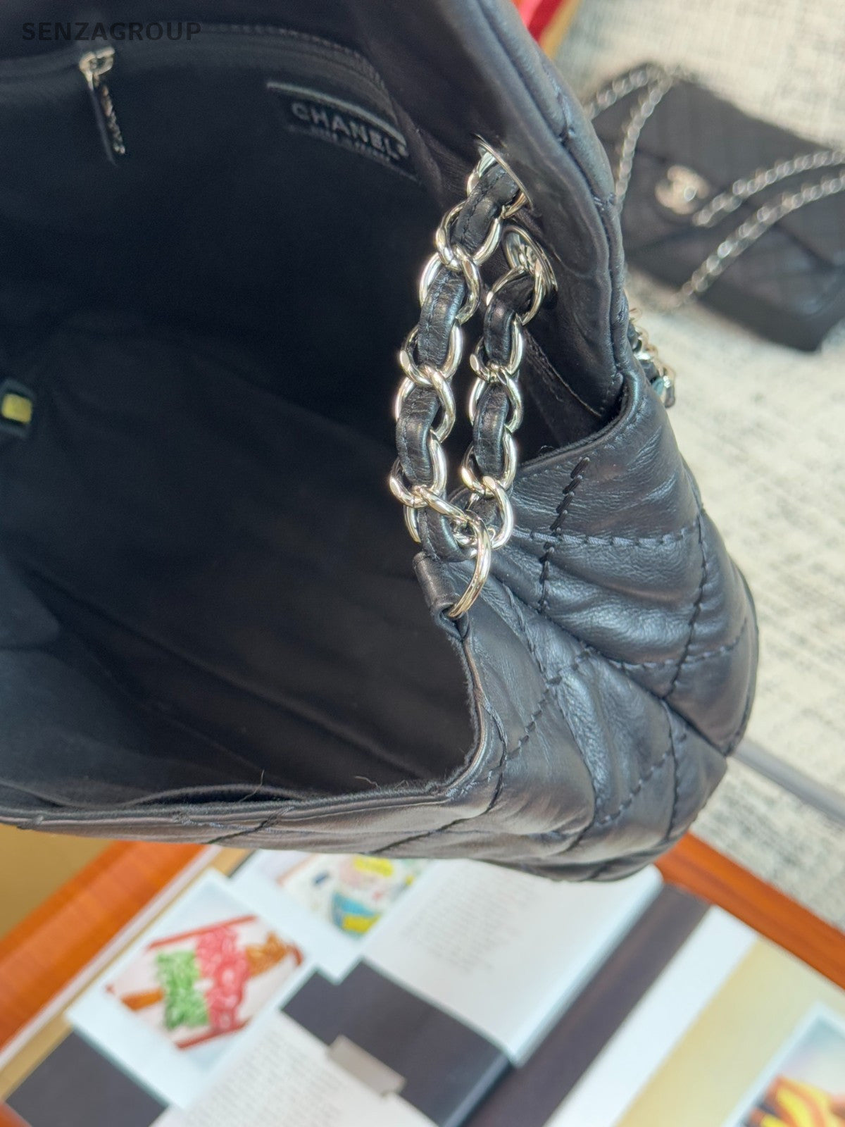 Chanel Classic Flap Chain Shoulder Bag Silver Black Diamond Pattern Women