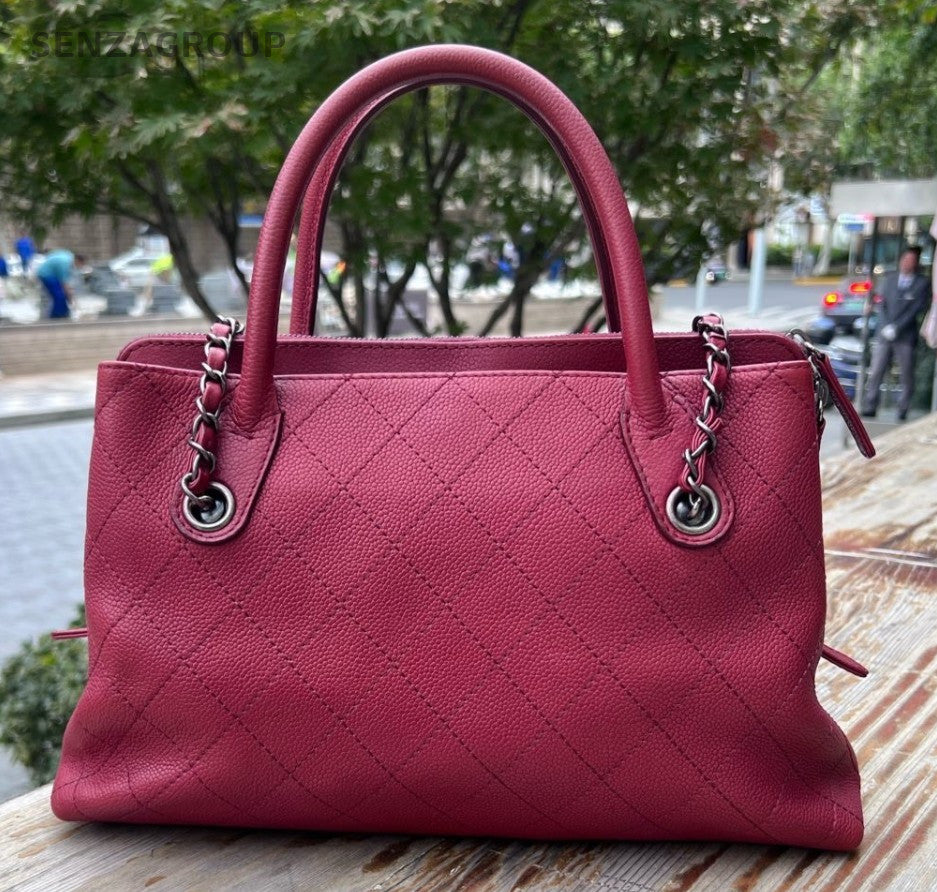 CHANEL Diamond pattern Top Handle 2way Shoulder Handbag Red Silver Women