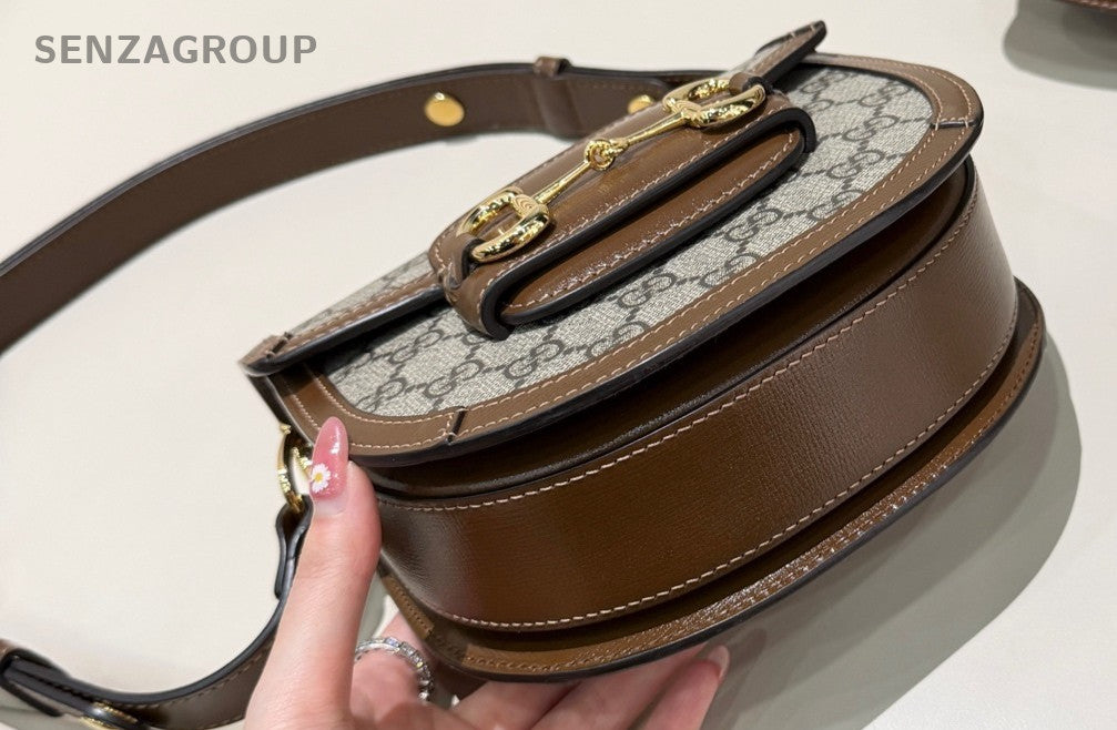 GUCCI 1955 Horsebit Saddle mini Monogram Shoulder bag Brown Gray Women Classic