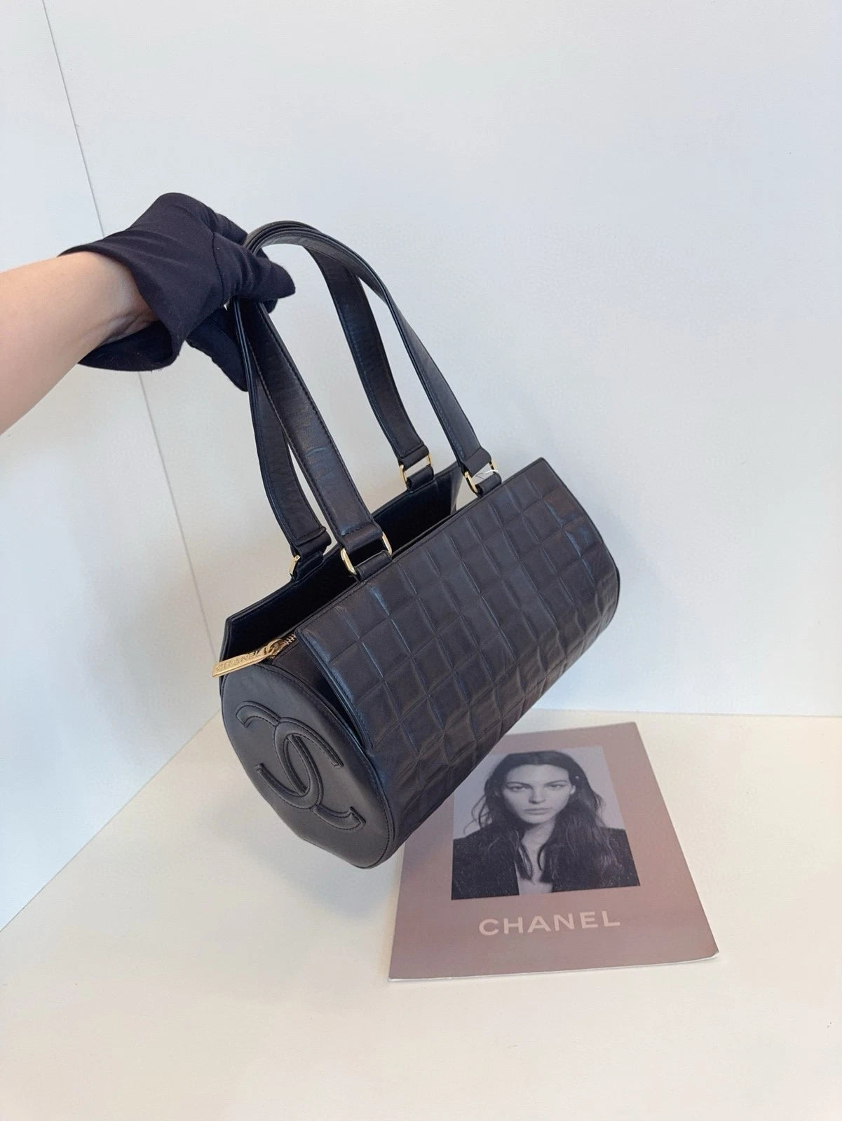 CHANEL Black Gold Leather Cylinder Barrel Shoulder Bag For Women