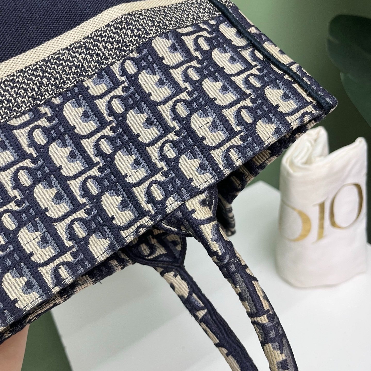 Christian Dior Oblique MM Tote Top Handle Bag Blue White Used Women Classic