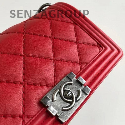Chanel Le Boy Medium Red Silver Hardware Lambskin Quilted Chain Shoulder Bag