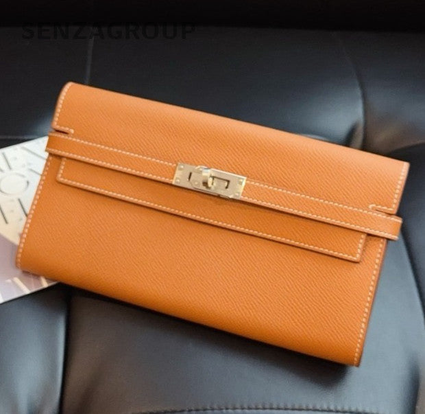 Hermes Kelly Epsom Leather Long Wallet Brown Silver Used Women Classic