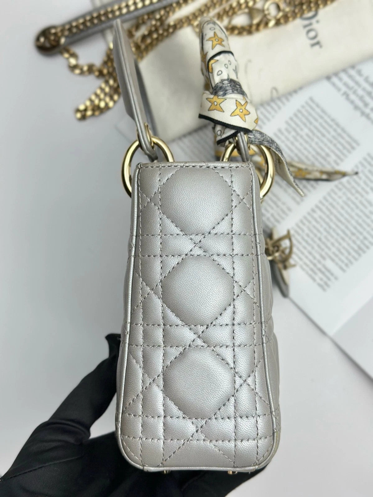 Christian Dior Lady Dior Cannage Gray Handbag Gold Chain Crossbody with Dust Bag