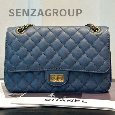 Chanel 2.55 Medium Blue Gold Chain Shoulder Bag Calfskin Classic Quilted
