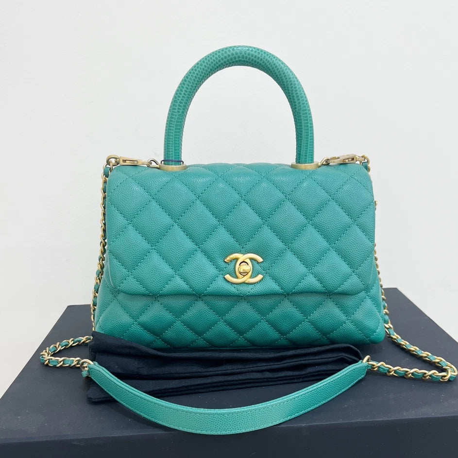 Chanel Cocohandle PM Calfskin Chain Top Handle Crossbody Green Gold Women