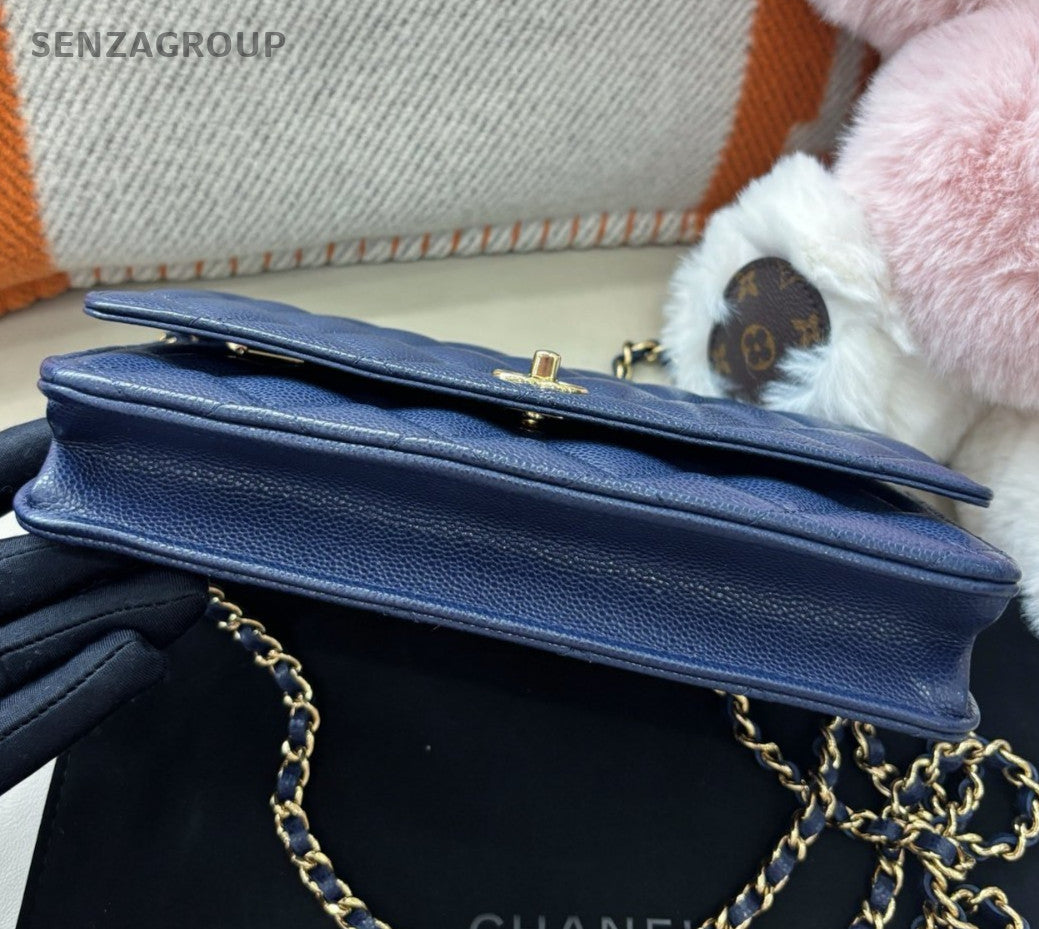 Chanel WOC Calfskin Chain Shoulder Bag Crossbody Blue Gold Women Classic Fashion