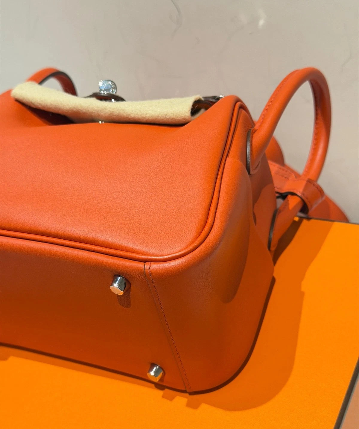 Hermes Lindy Mini Top Handle Shoulder Bag Orange Silver Women Classic Fashion