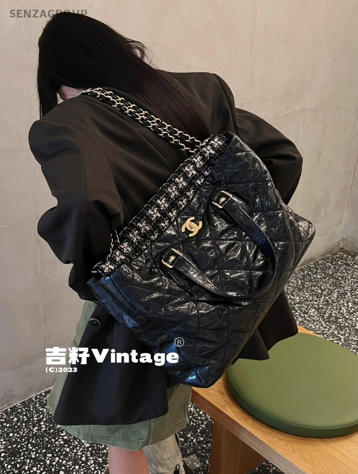 CHANEL Hobo Oil waxed leather Tote 2WAY Chain Shoulder Handbag Black Women