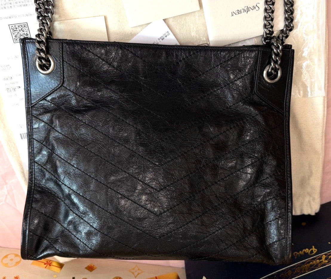 Saint Laurent Niki Shopping Bag Tote Chain Shoulder Bag Black Silver Used Women