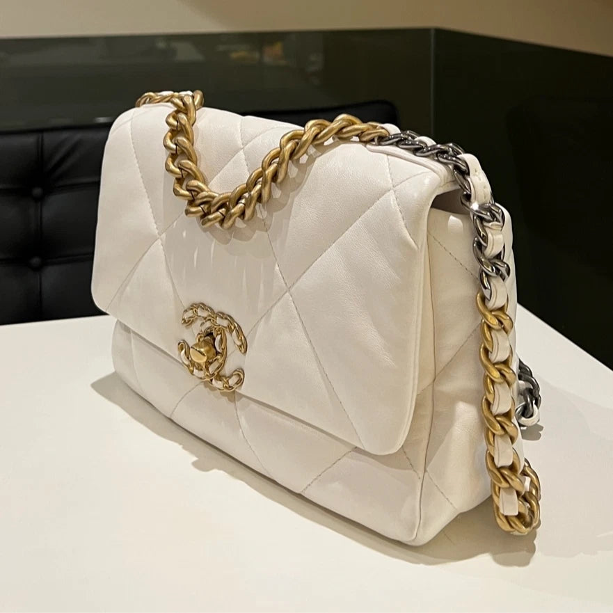 CHANEL 19 Flap Bag PM White Chain Shoulder Crossbody Bag Women Classic